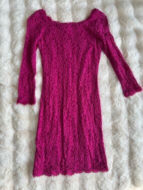 Diane Von Furstenberg Fuchsia Lace Long-Sleeve Sheath Dress